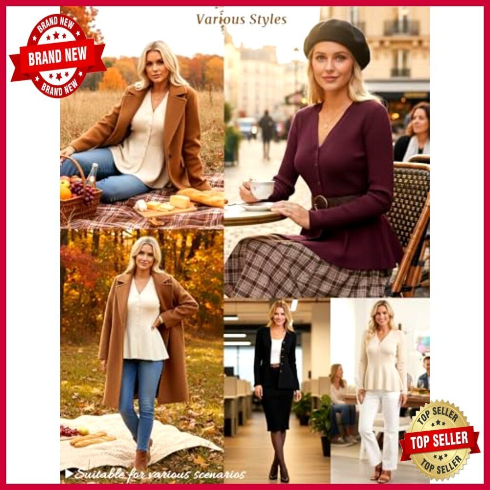 Long Sleeve Peplum Cardigan Knit Blazer Lightweight Business Casual Elegant - Picture 6 of 7